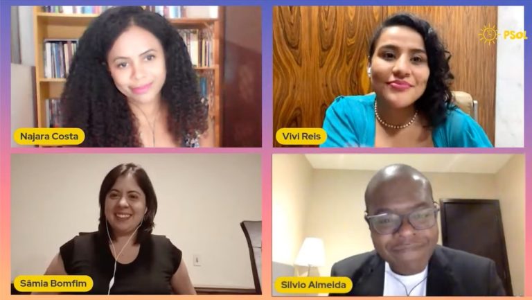 Deputada Sâmia Bomfim, líder do PSOL, participa de debate sobre revisão da lei de cotas étnico-racial/social com o professor Sílvio Almeida